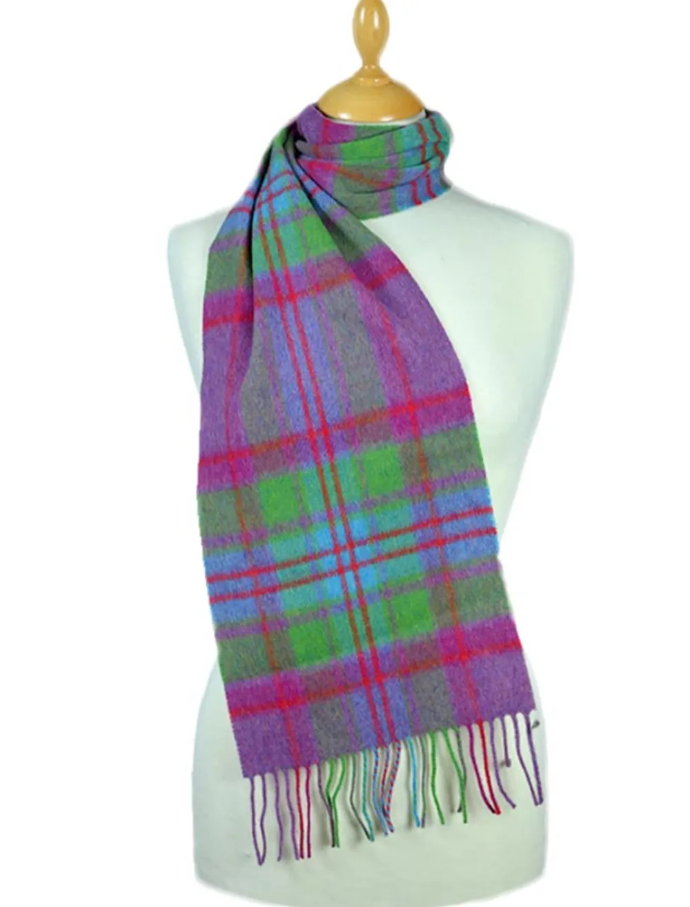Glenaran Plaid & Tartan Scarves|Lambswool Scarves^Narrow Lambswool Plaid Scarf - Fuschia Green Blue