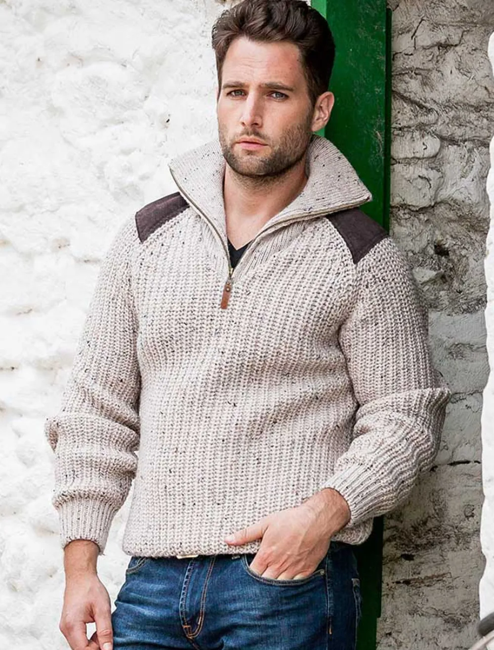 Glenaran Sweaters^Fisherman's Half Zip Sweater with Patches