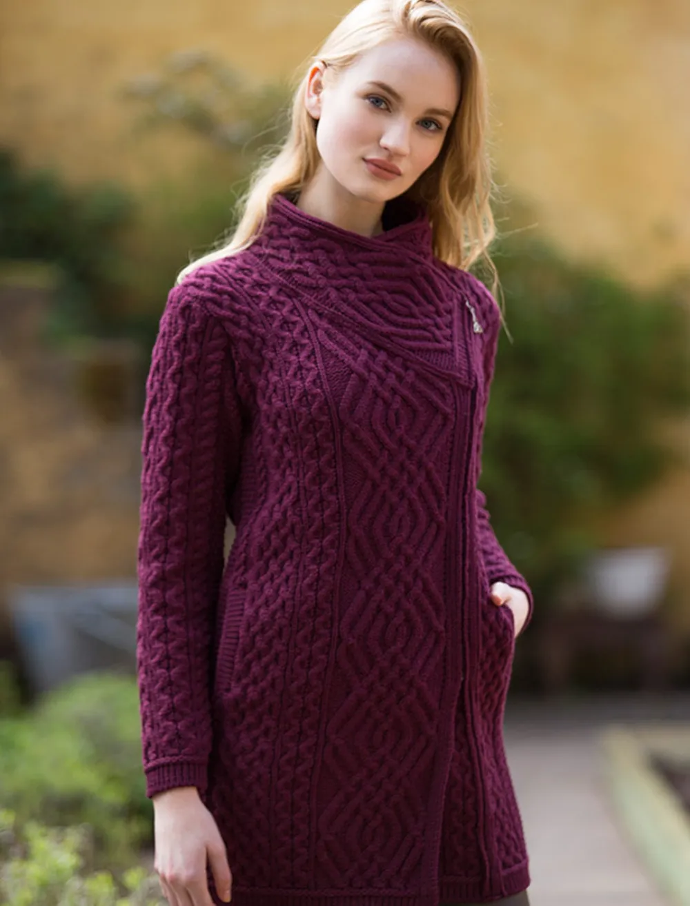 Glenaran Cardigans, Jackets & Coatigans^Aran Knit Coatigan with Celtic Knot Side Zip