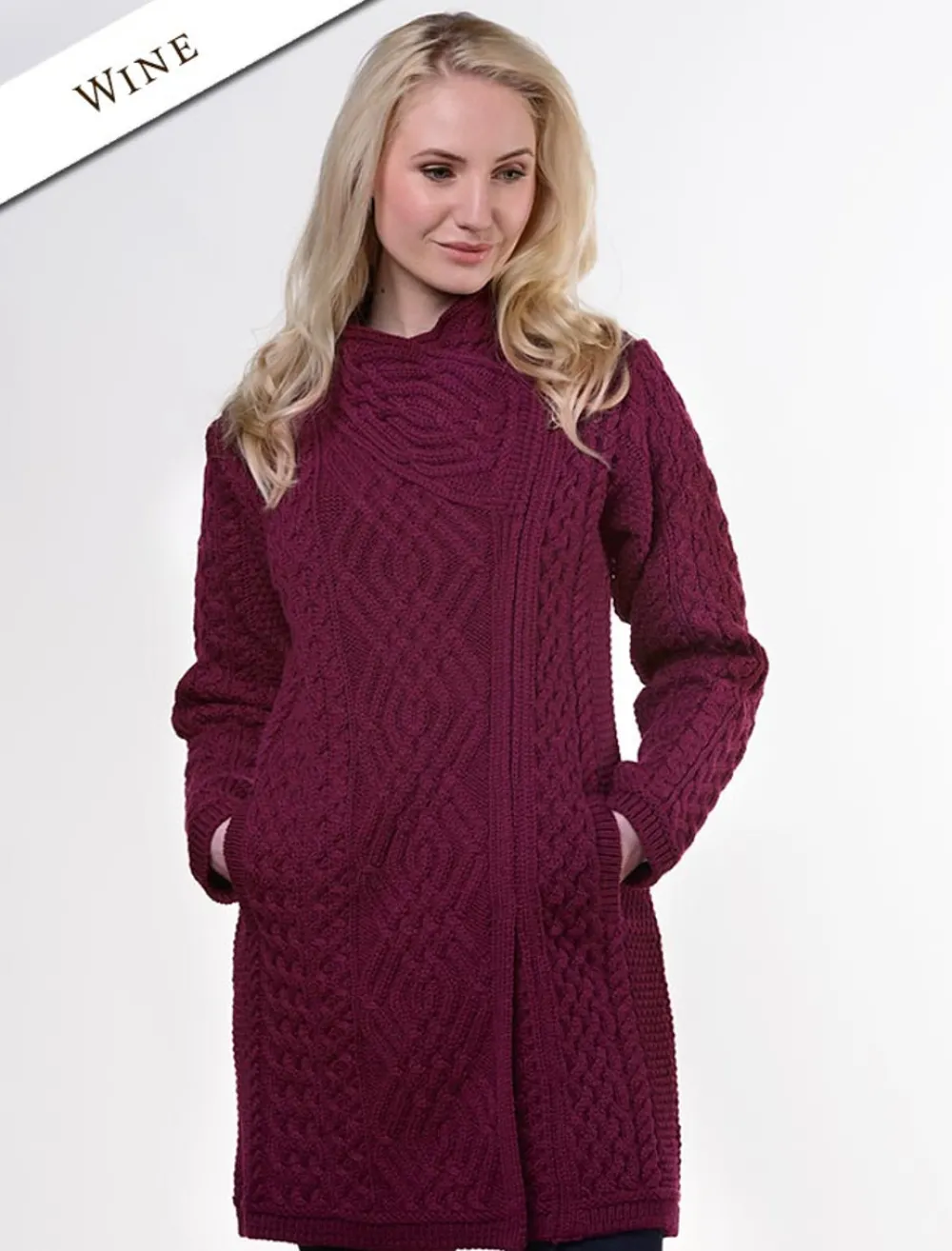 Glenaran Cardigans, Jackets & Coatigans^Aran Knit Coatigan with Celtic Knot Side Zip