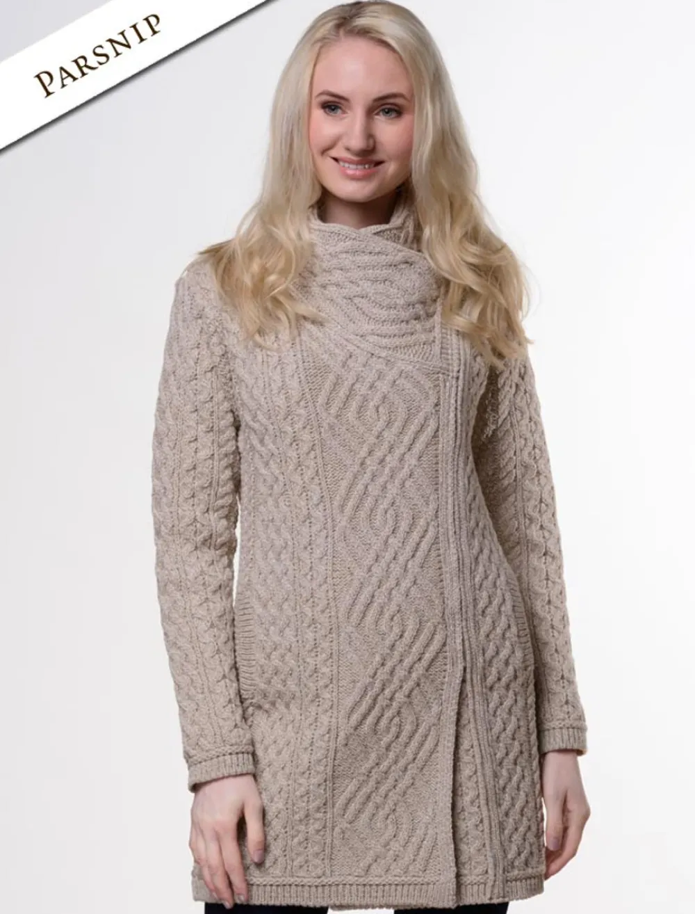 Glenaran Cardigans, Jackets & Coatigans^Aran Knit Coatigan with Celtic Knot Side Zip