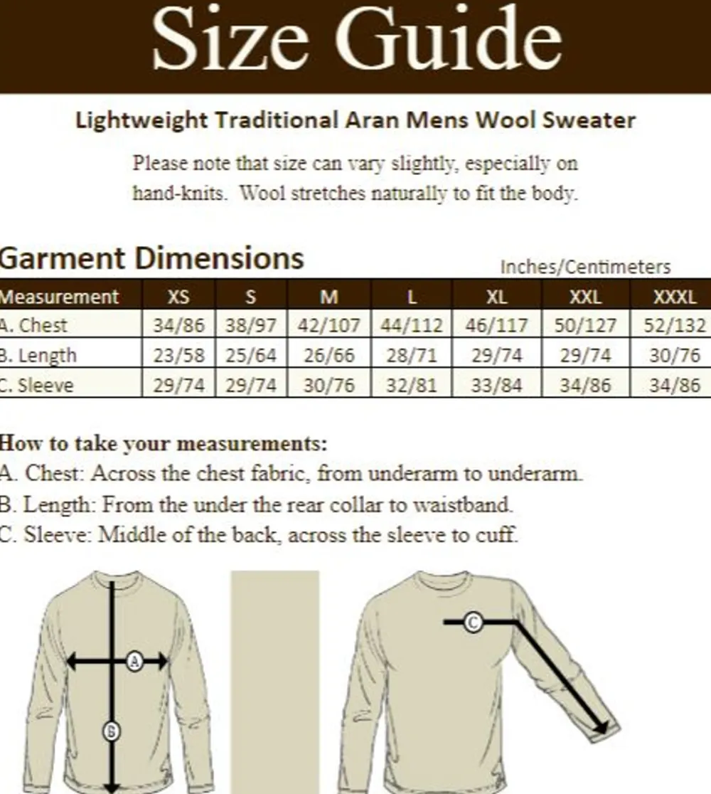 Glenaran Sweaters^Lightweight Traditional Aran Mens Wool Sweater