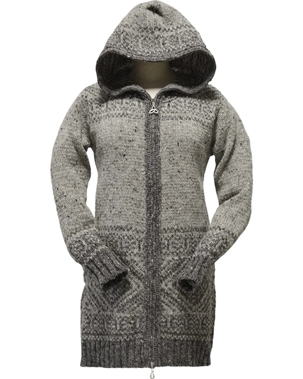Glenaran Cardigans, Jackets & Coatigans^Women's Fair Isle Long Hooded Coatigan with Celtic Knot Zipper Pull