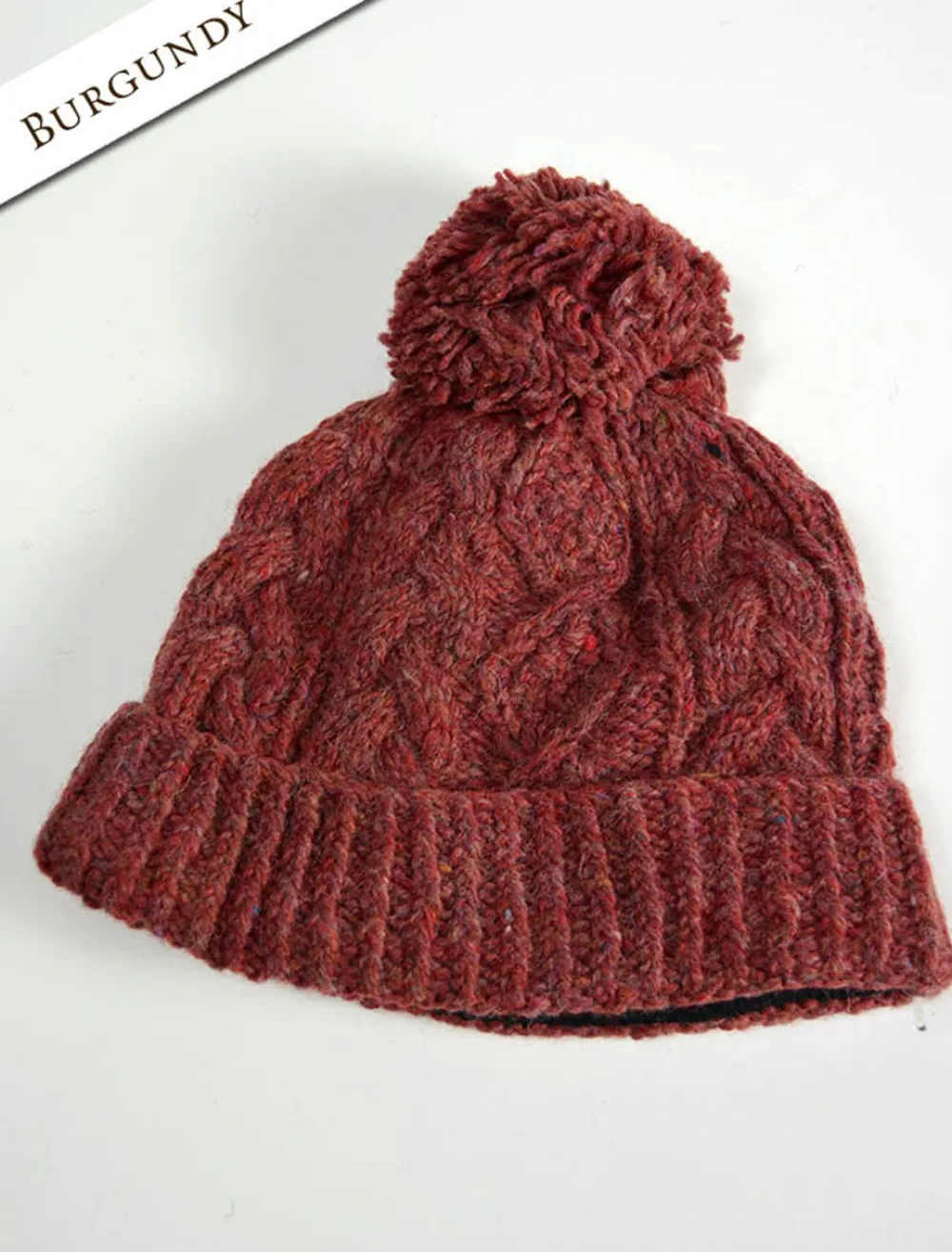 Glenaran Caps & Hats^Aran Fleece Lined Rib Cap with Pom