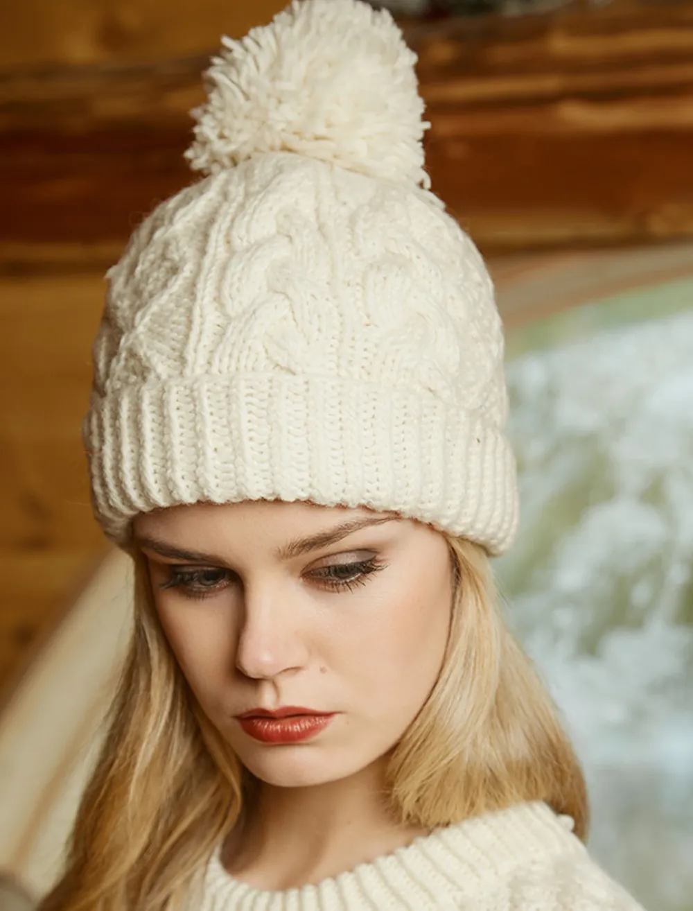 Glenaran Caps & Hats^Aran Fleece Lined Rib Cap with Pom