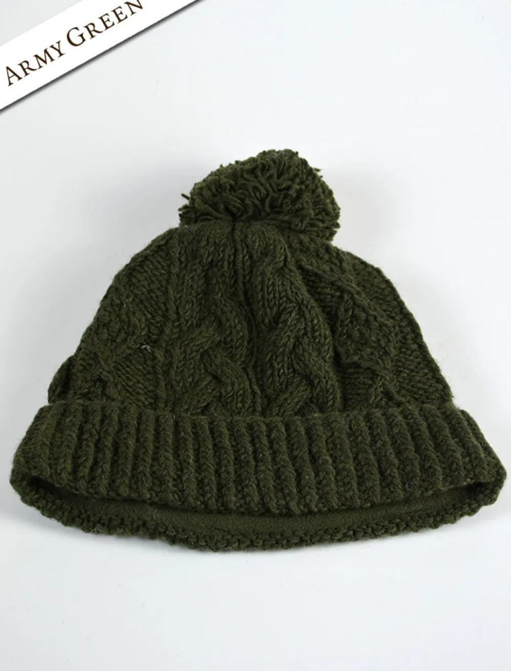 Glenaran Caps & Hats^Aran Fleece Lined Rib Cap with Pom