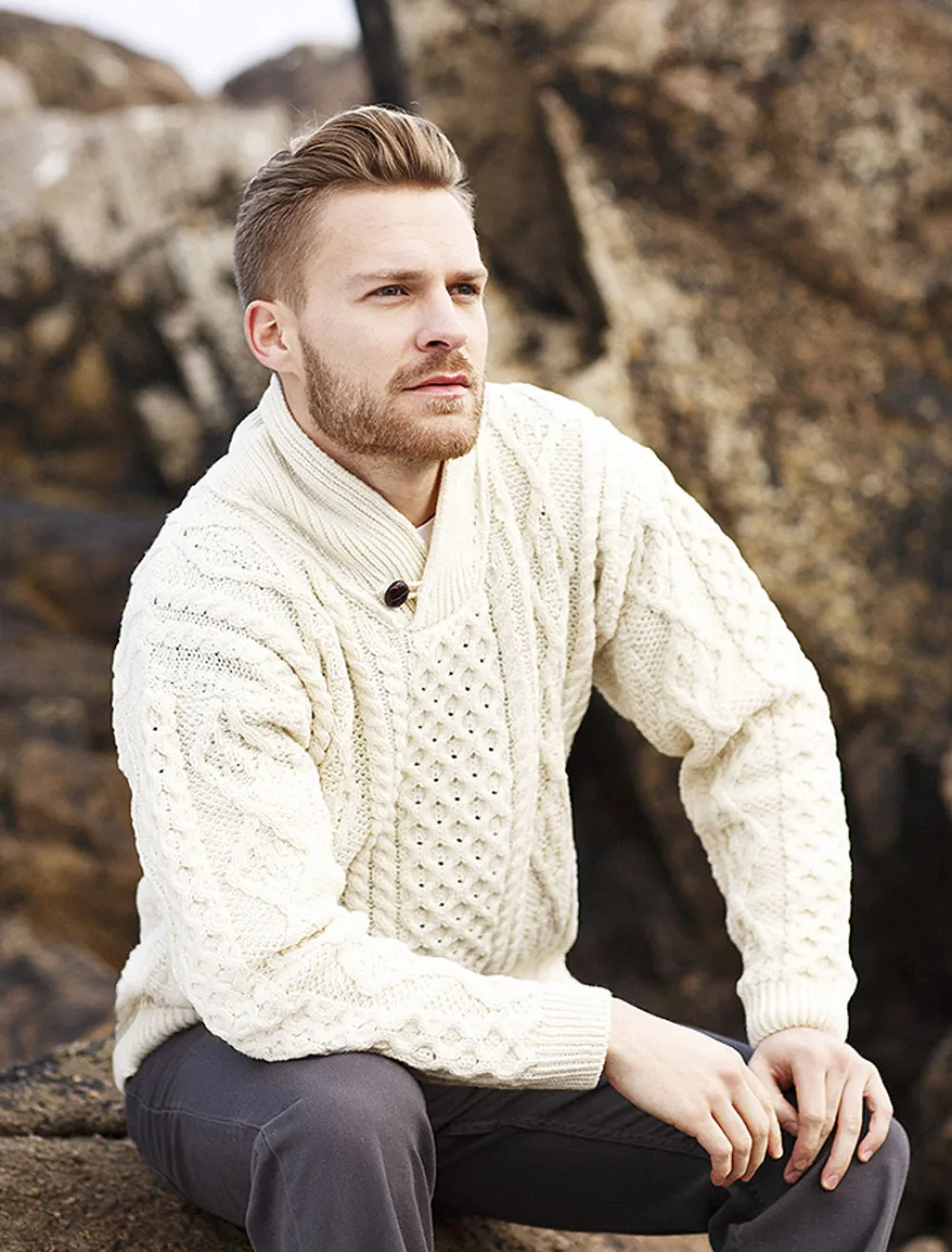 Glenaran Sweaters^Shawl Neck Honeycomb Sweater