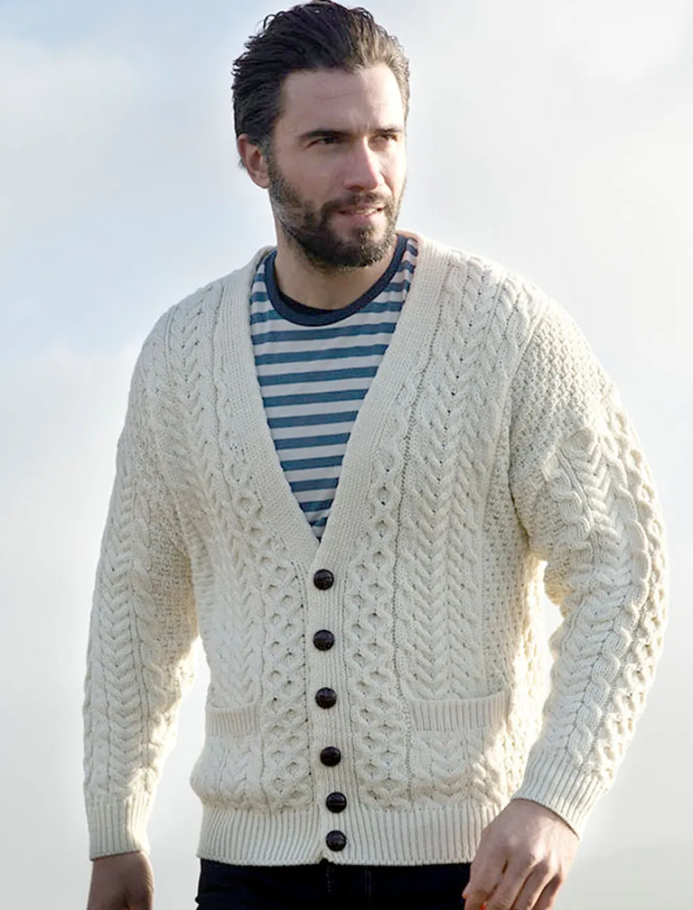 Glenaran Cardigans, Jackets & Coats^Merino Wool Aran Men's V-Neck Cardigan