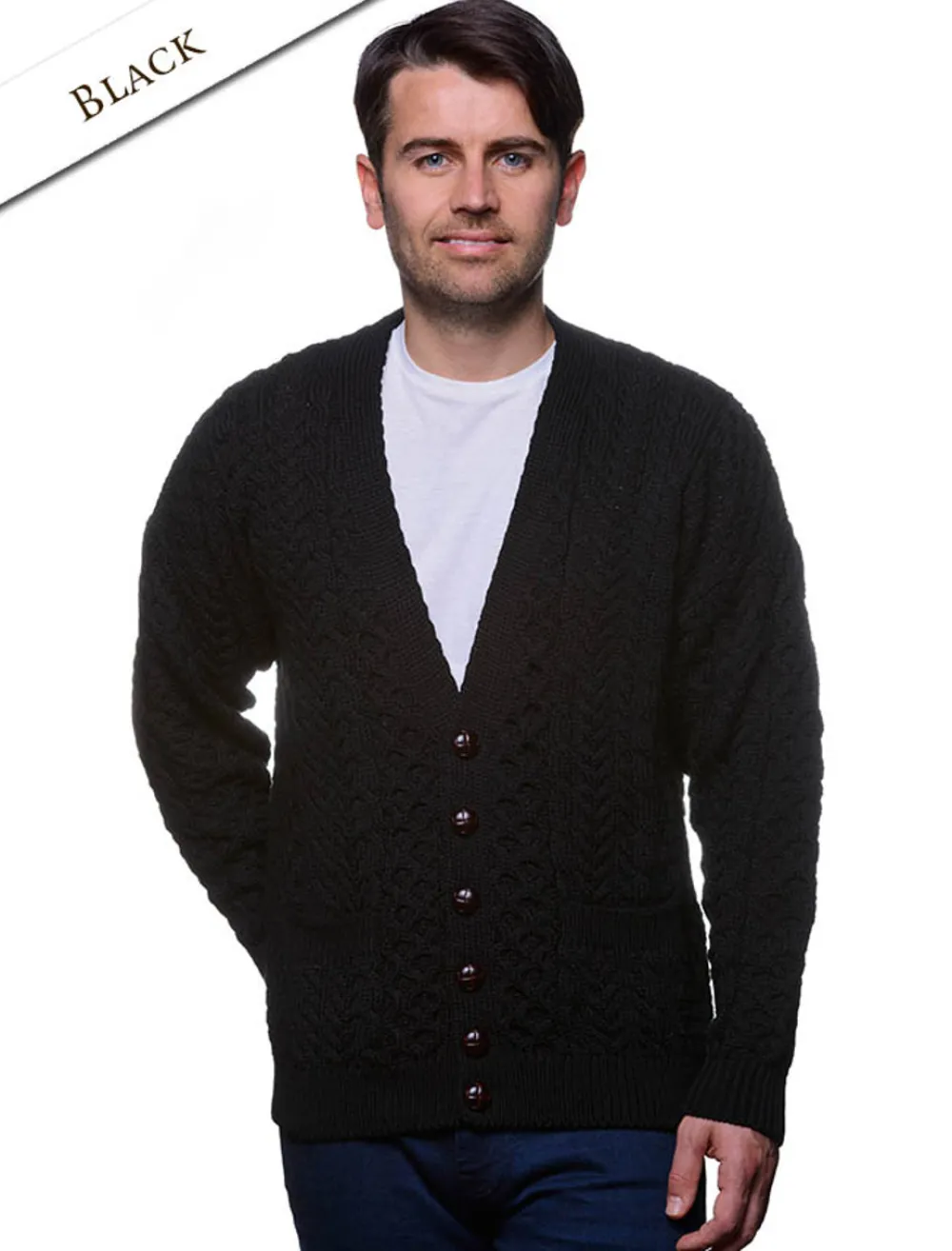 Glenaran Cardigans, Jackets & Coats^Merino Wool Aran Men's V-Neck Cardigan