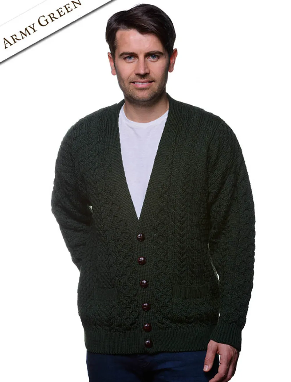 Glenaran Cardigans, Jackets & Coats^Merino Wool Aran Men's V-Neck Cardigan
