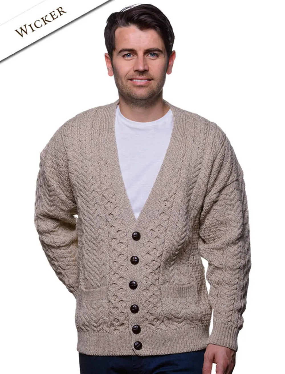 Glenaran Cardigans, Jackets & Coats^Merino Wool Aran Men's V-Neck Cardigan