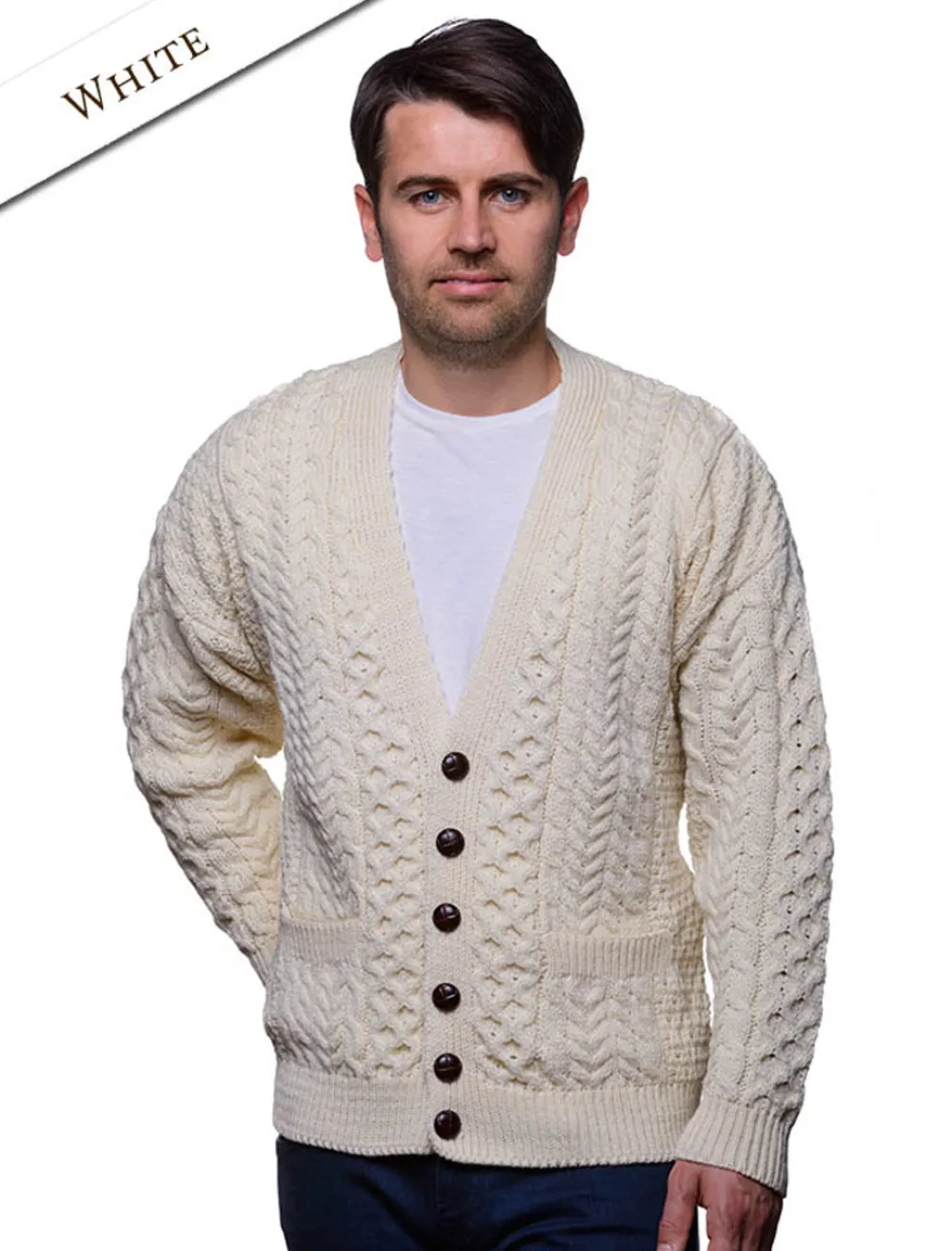 Glenaran Cardigans, Jackets & Coats^Merino Wool Aran Men's V-Neck Cardigan
