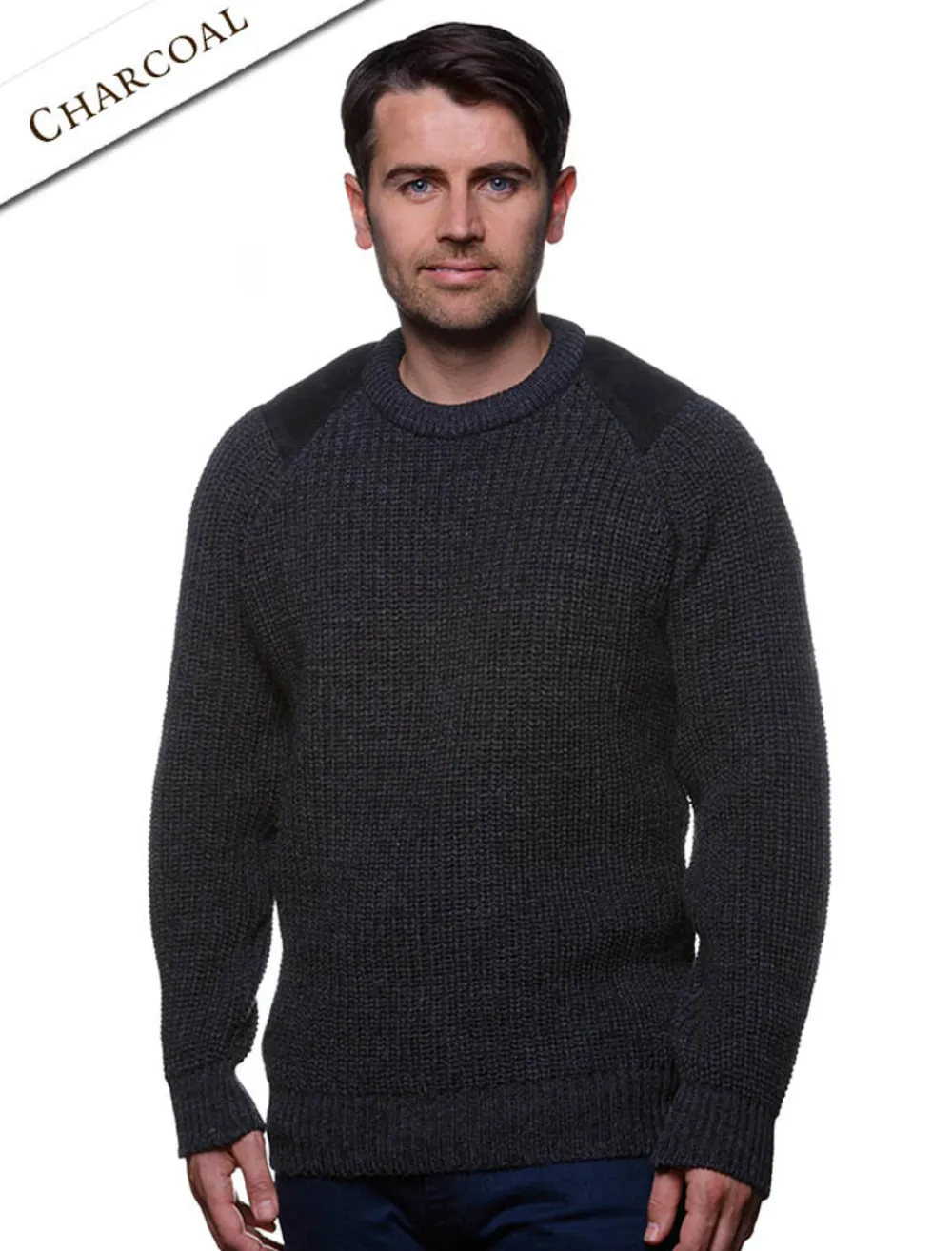 Glenaran Sweaters^Irish Fishermans Ribbed Sweater with Patches