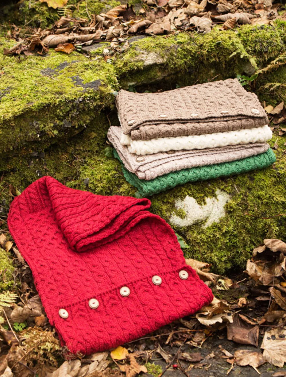 Glenaran Knitted Wool Scarves^Aran Snood Scarf with Buttons