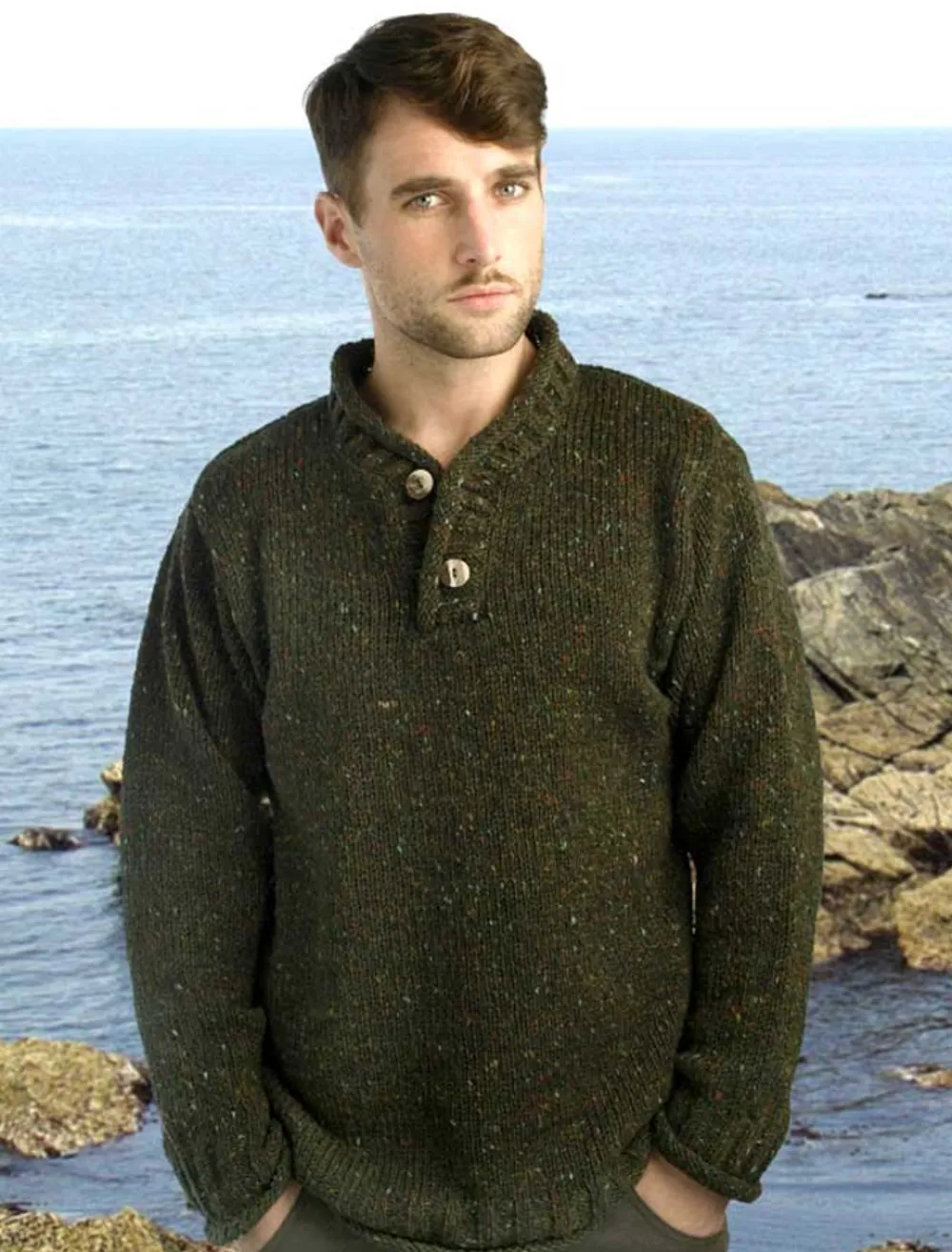 Glenaran Sweaters^Men's Donegal Tweed 2 Button Sweater