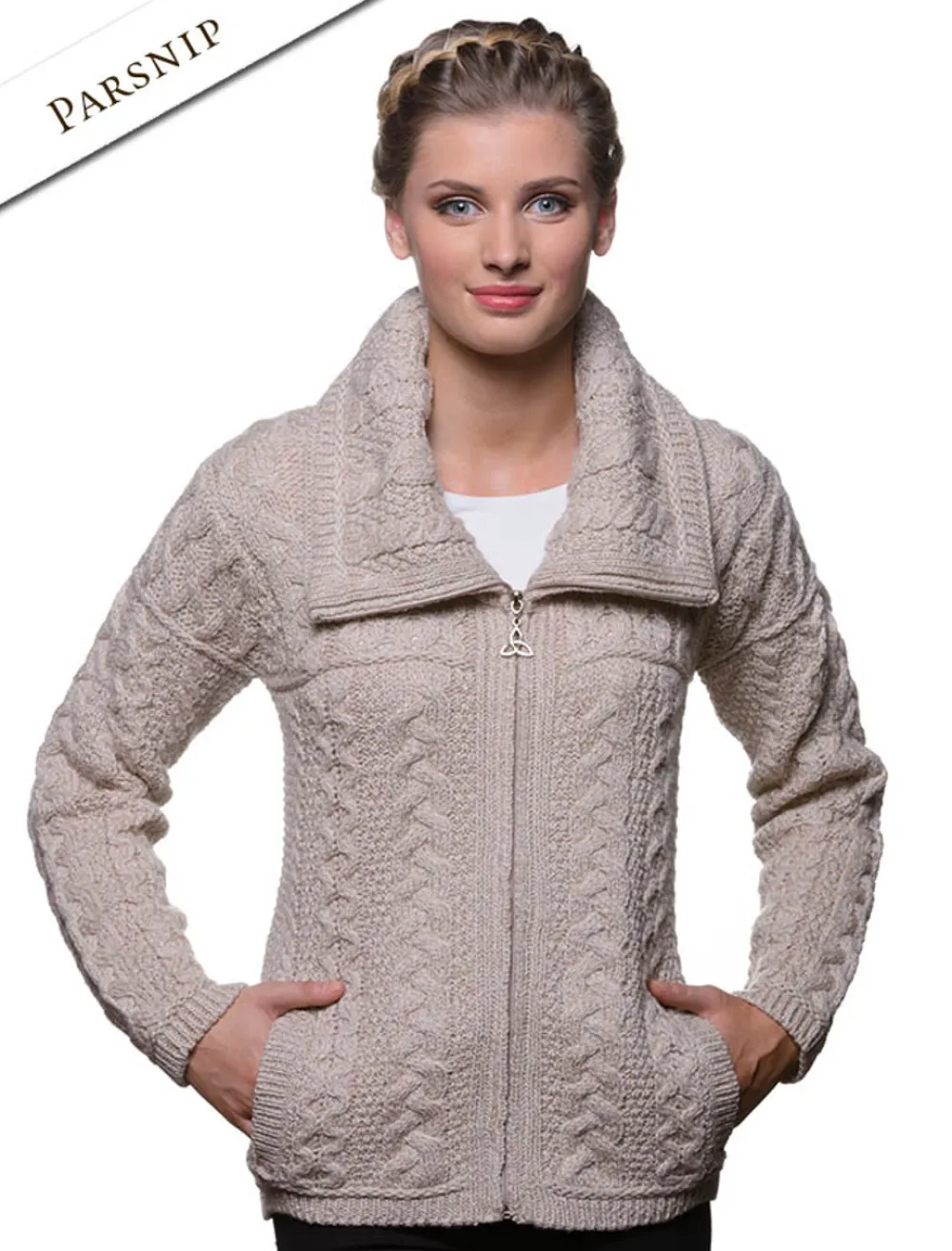 Glenaran Cardigans, Jackets & Coatigans^Double Collar Zip Merino Aran Cardigan