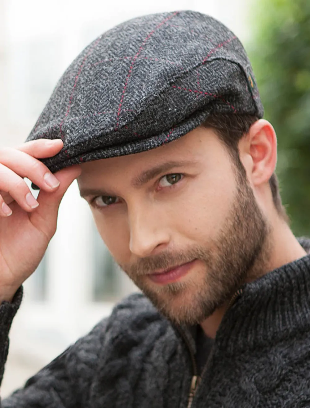 Glenaran Irish Flat Caps^Trinity Tweed Flat Cap - Charcoal with Red