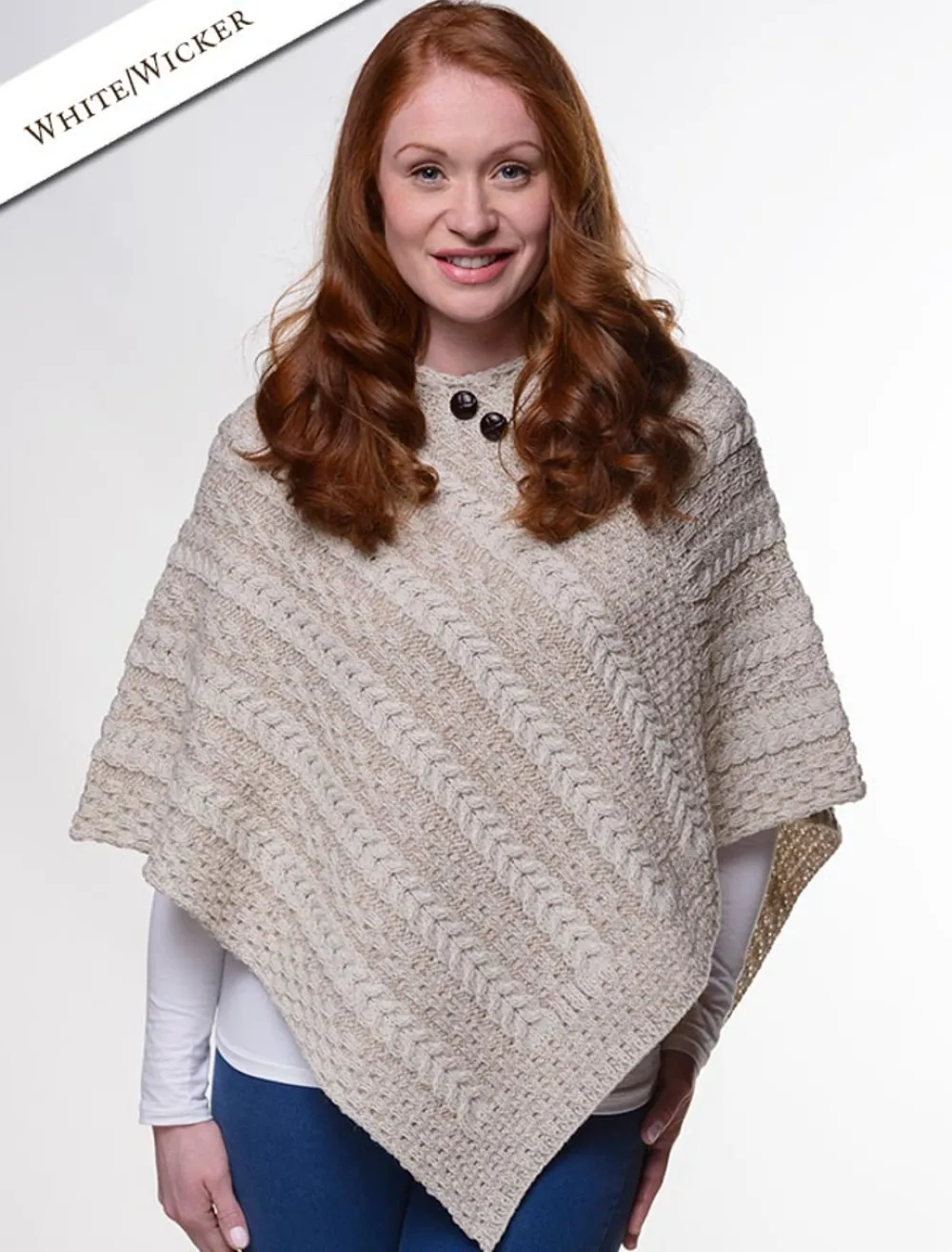 Glenaran Ponchos, Capes & Shawls^Plated Aran Poncho with Button Detail