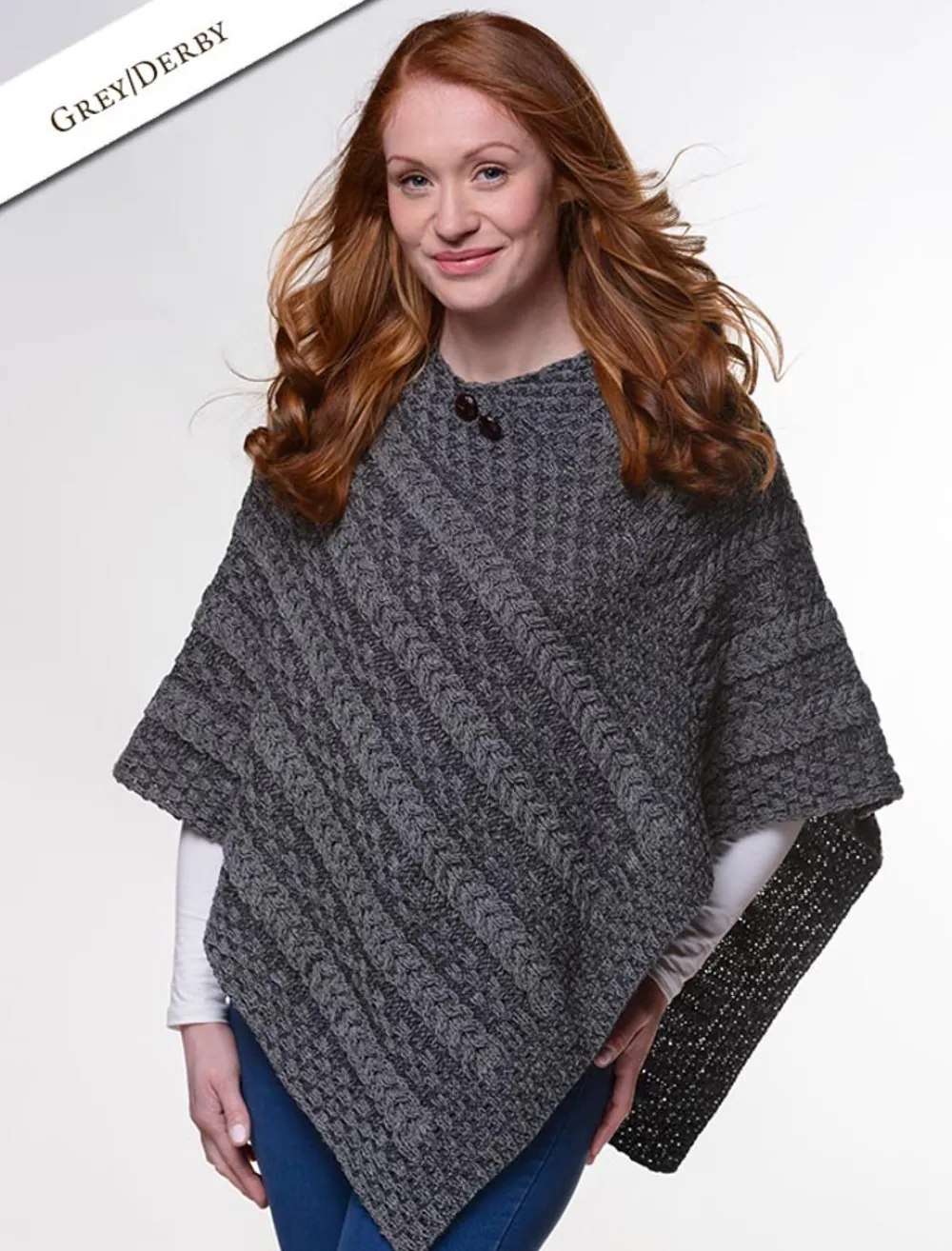 Glenaran Ponchos, Capes & Shawls^Plated Aran Poncho with Button Detail