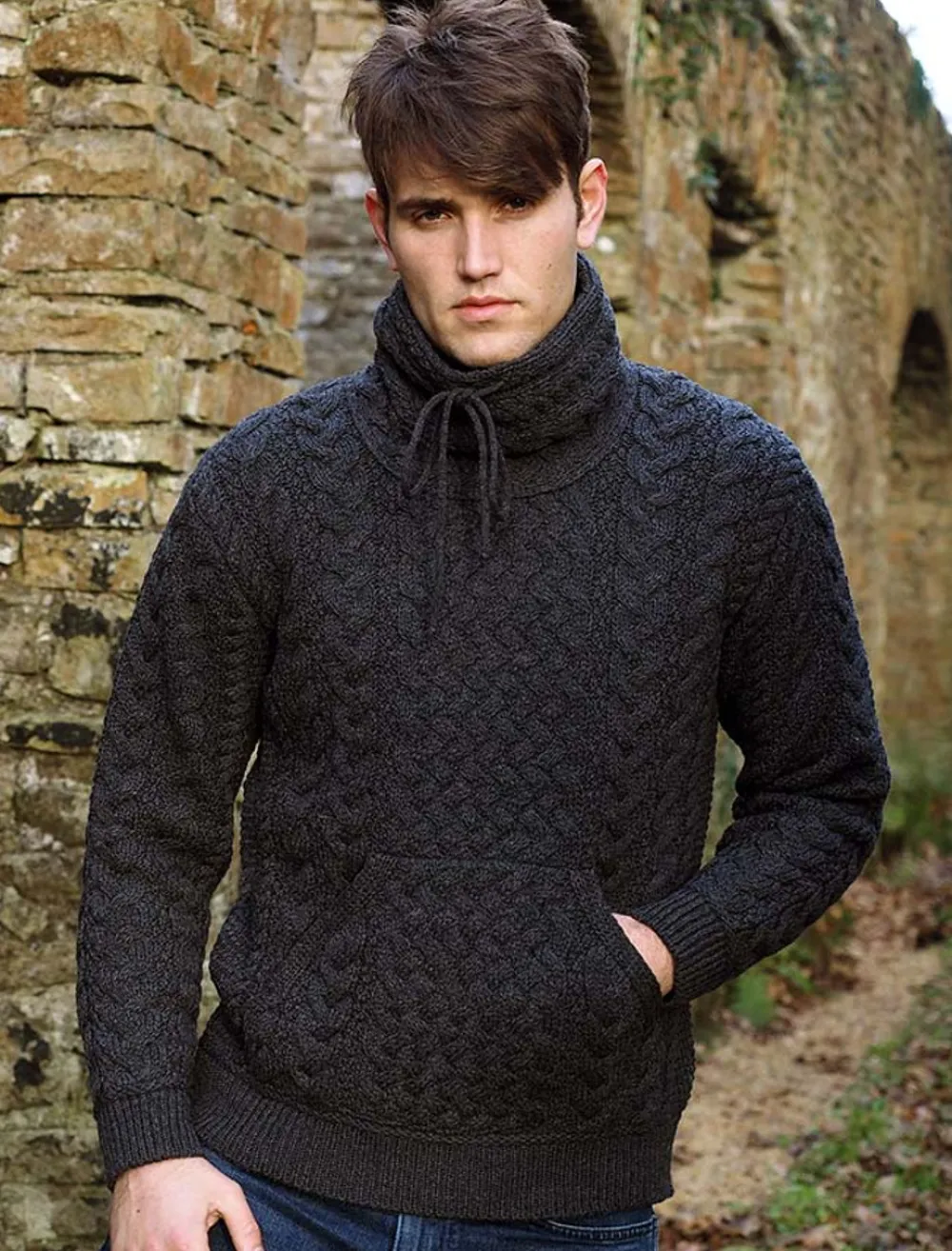Glenaran Sweaters^Men's Cowl Neck Aran Sweater