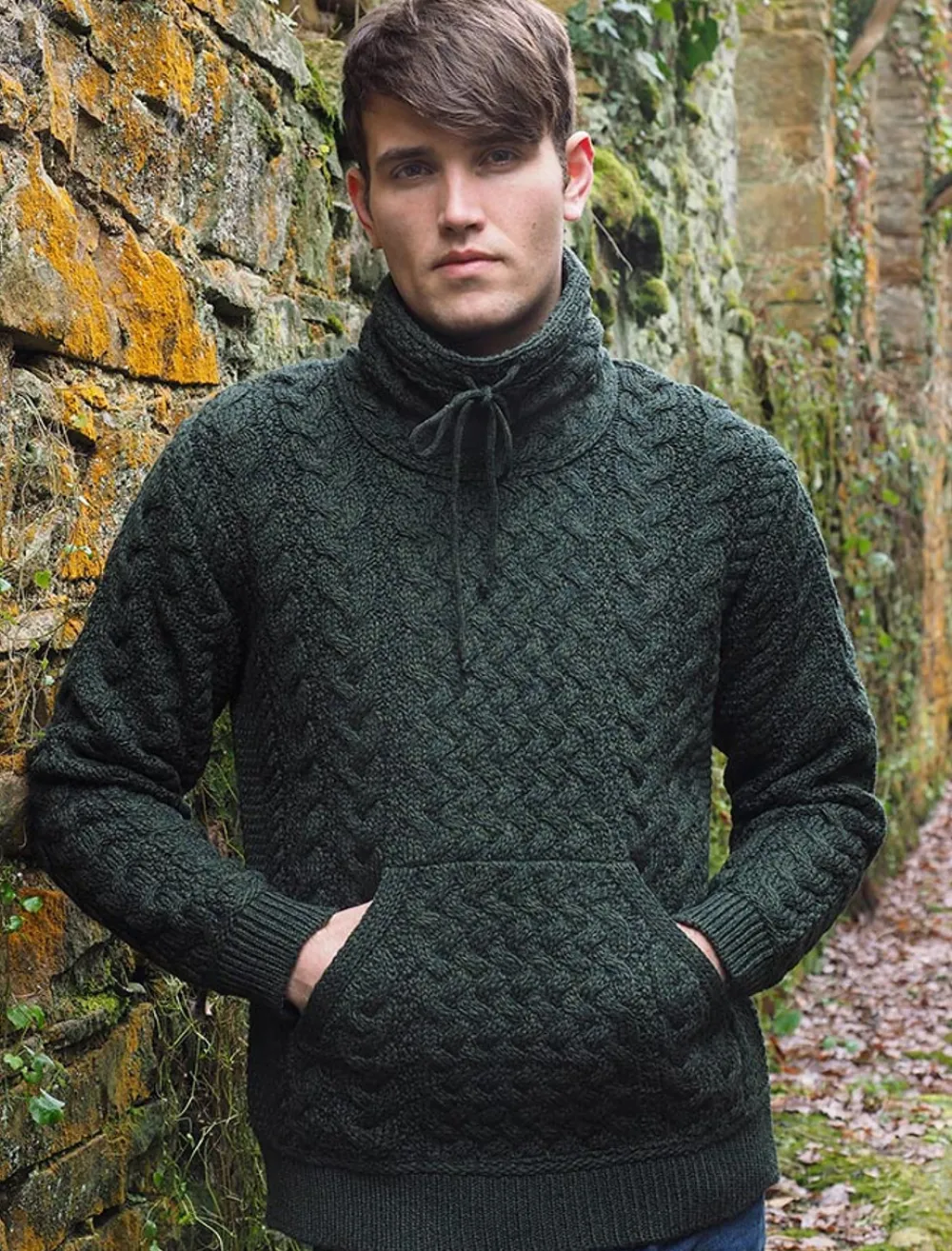 Glenaran Sweaters^Men's Cowl Neck Aran Sweater