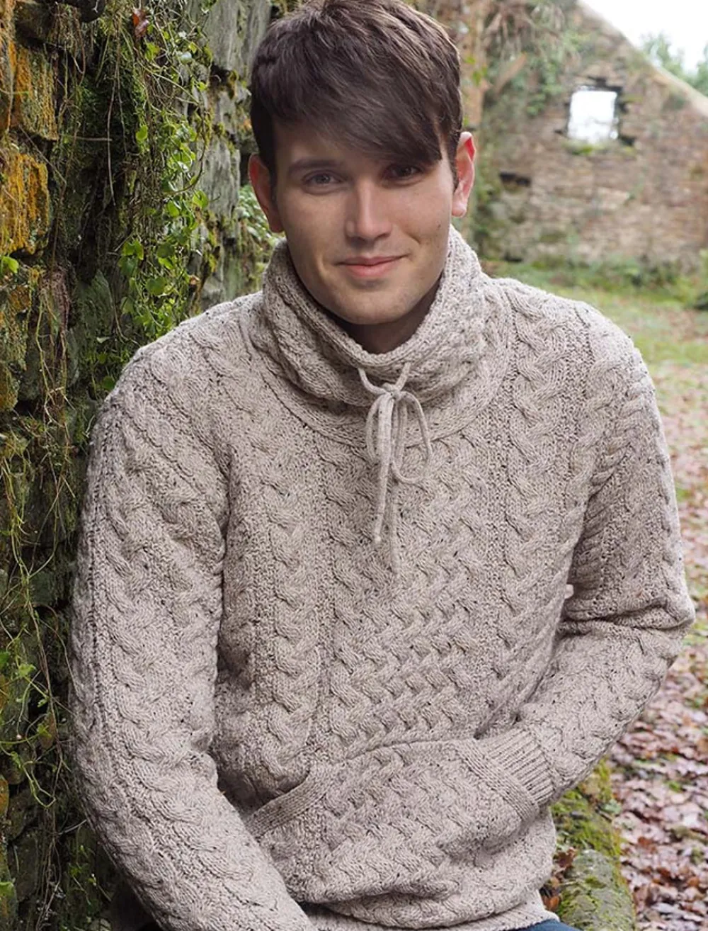 Glenaran Sweaters^Men's Cowl Neck Aran Sweater
