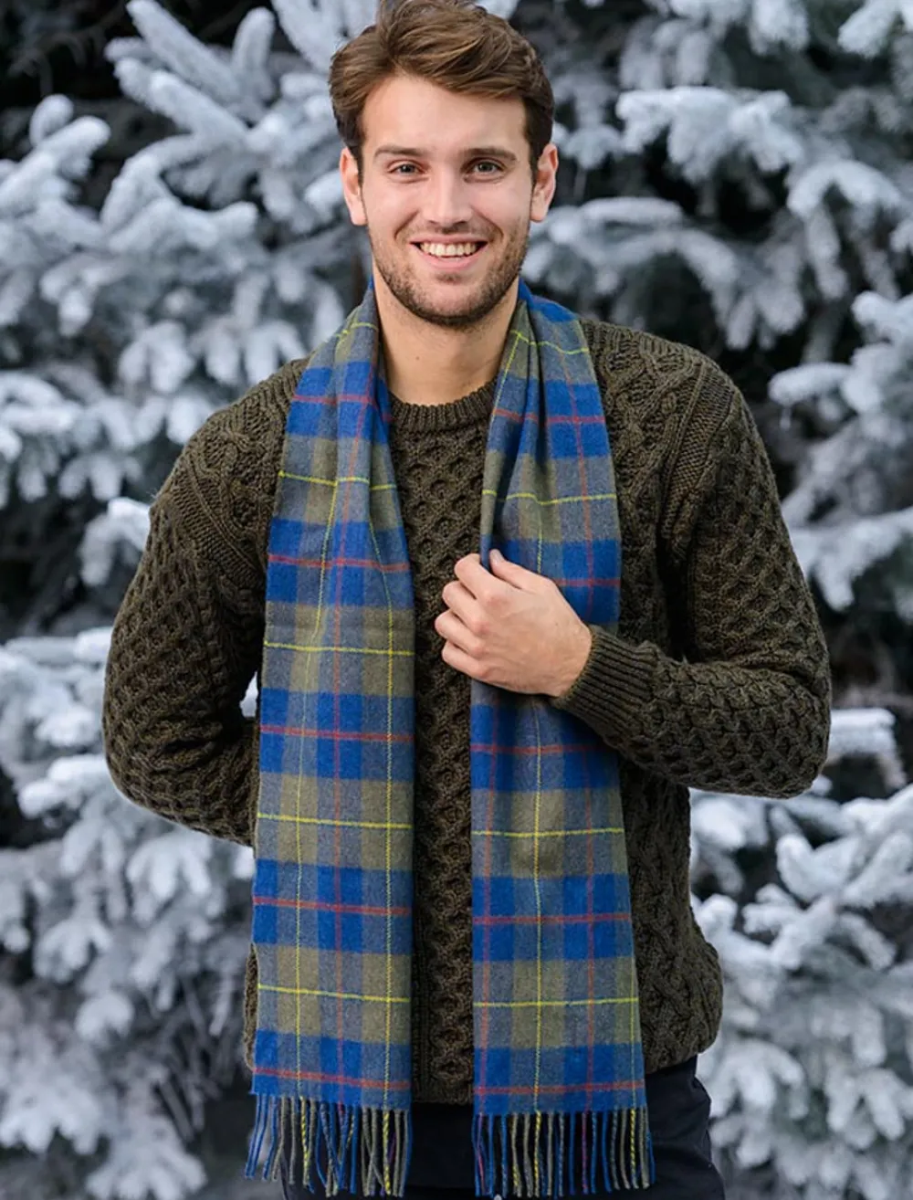 Glenaran Plaid & Tartan Scarves|Lambswool Scarves^Narrow Lambswool Checked Scarf - Blue Olive Plaid