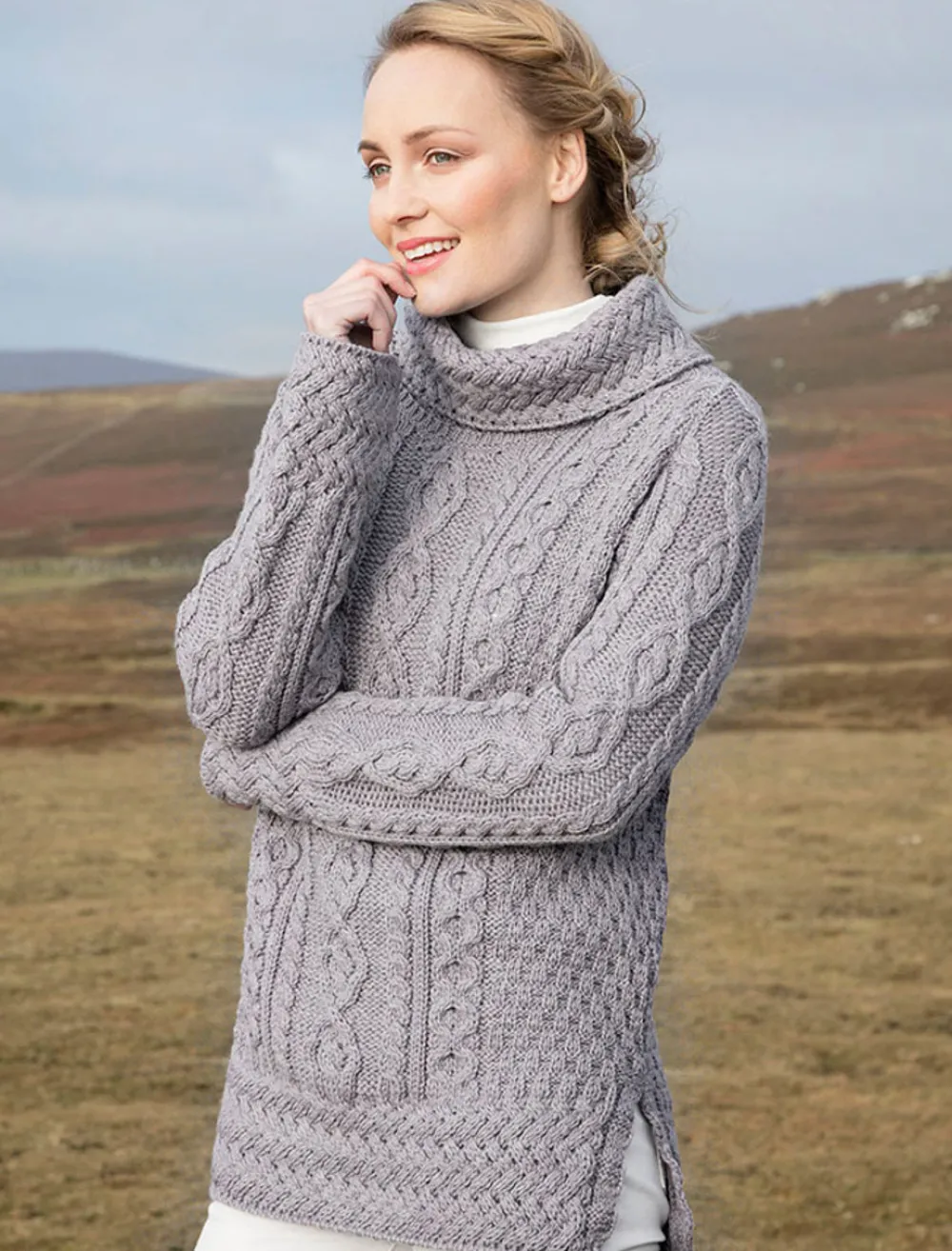 Glenaran Sweaters^Aran Cowl Neck Tunic Sweater