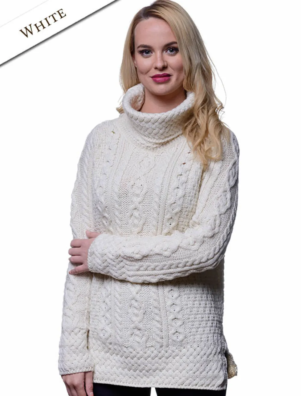 Glenaran Sweaters^Aran Cowl Neck Tunic Sweater