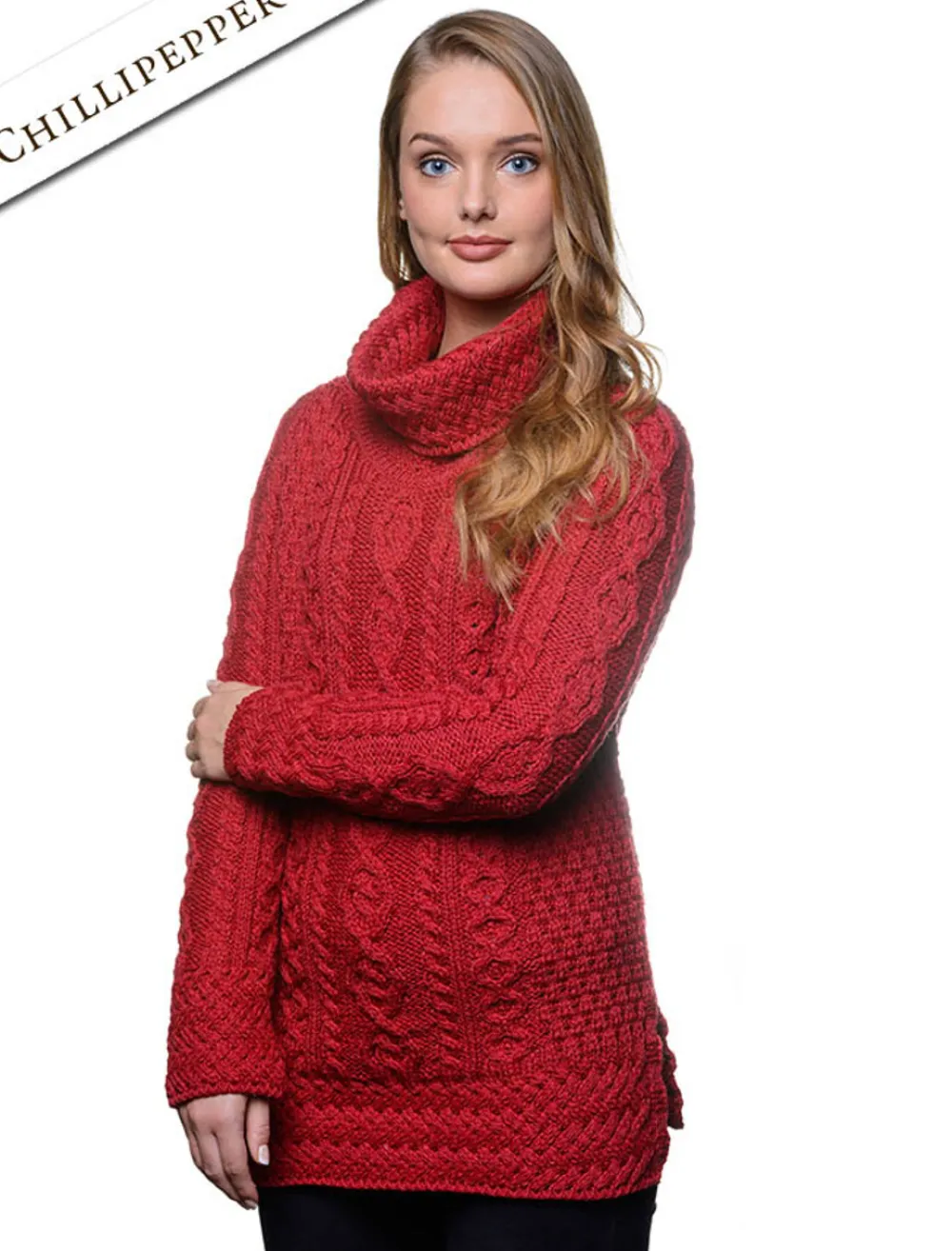Glenaran Sweaters^Aran Cowl Neck Tunic Sweater