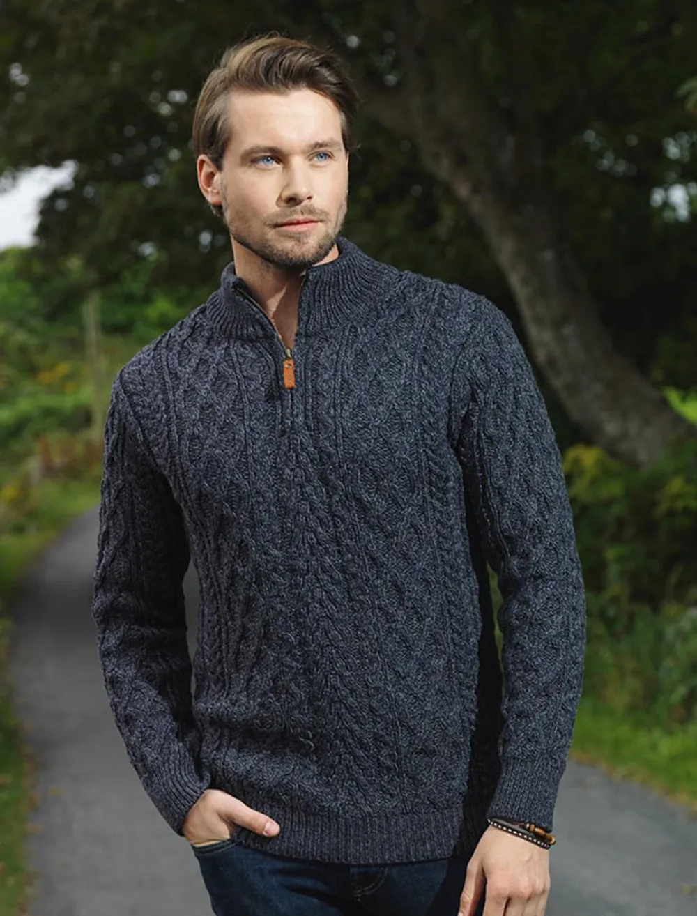 Glenaran Sweaters^Zip-Neck Aran Sweater