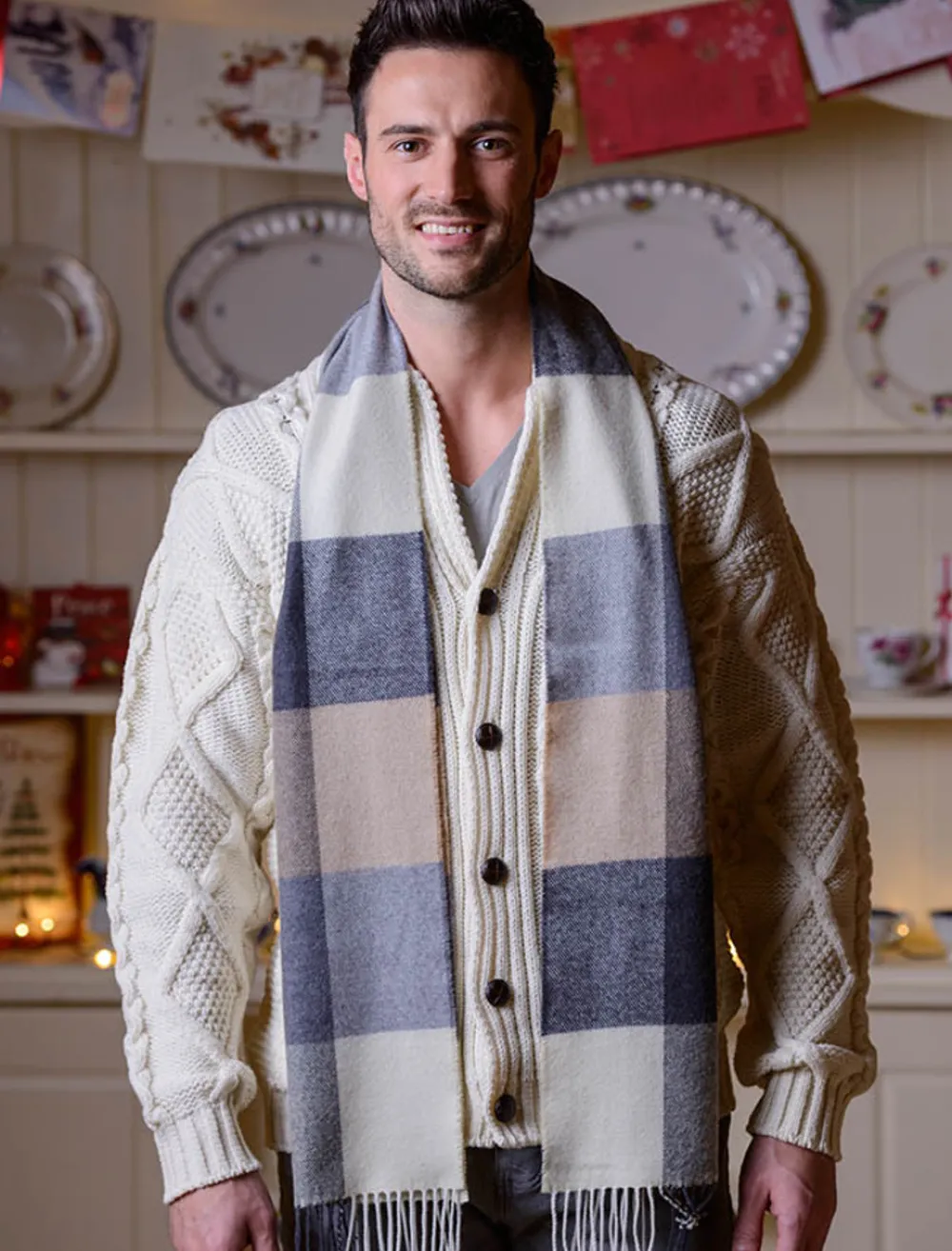Glenaran Plaid & Tartan Scarves^Fine Merino Check Scarf - Cream Grey Beige