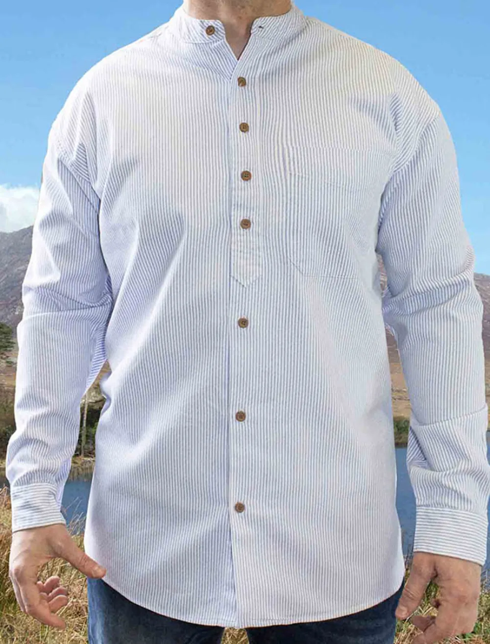 Glenaran Grandfather Shirts And Waistcoats^Heavyweight Grandfather Shirt - Blue Pin Stripe