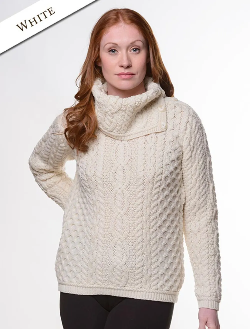 Glenaran Sweaters^Cowl Button Neck Aran Sweater