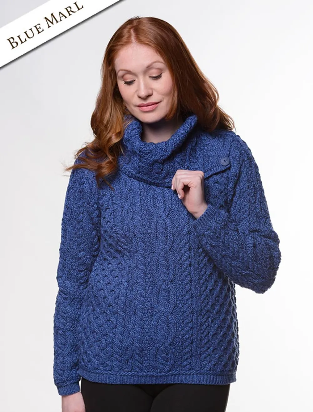 Glenaran Sweaters^Cowl Button Neck Aran Sweater