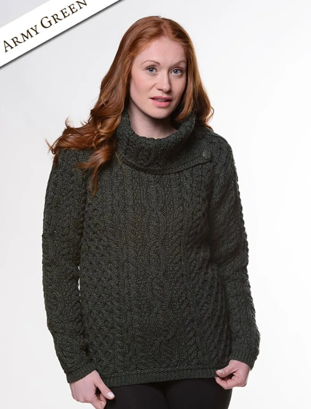 Glenaran Sweaters^Cowl Button Neck Aran Sweater