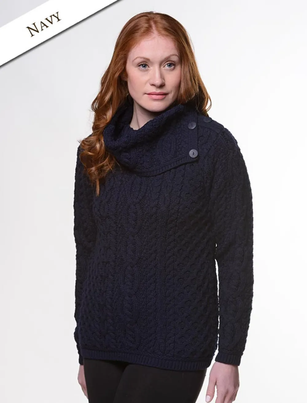 Glenaran Sweaters^Cowl Button Neck Aran Sweater