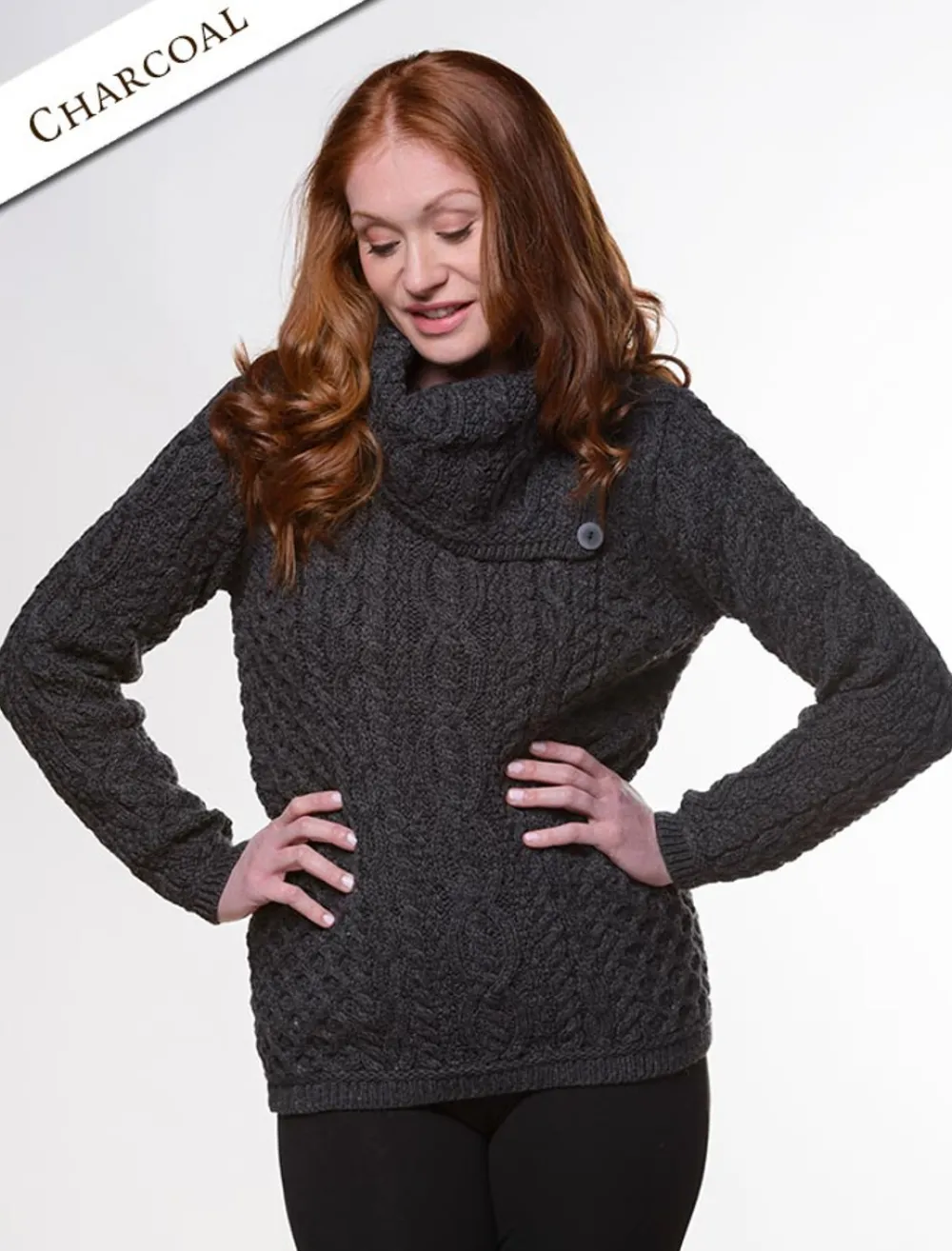 Glenaran Sweaters^Cowl Button Neck Aran Sweater