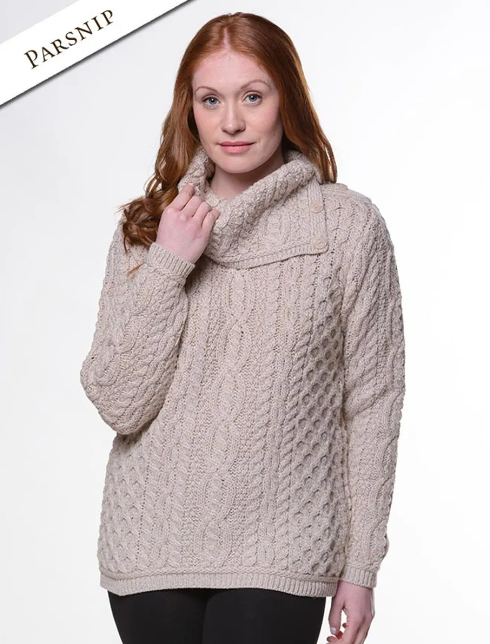 Glenaran Sweaters^Cowl Button Neck Aran Sweater