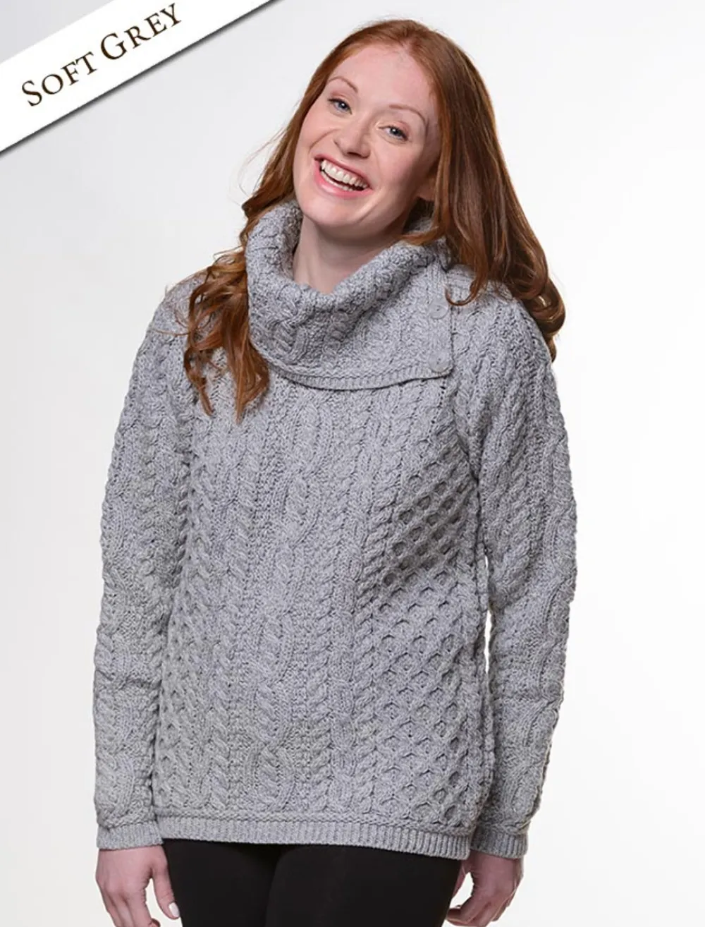 Glenaran Sweaters^Cowl Button Neck Aran Sweater