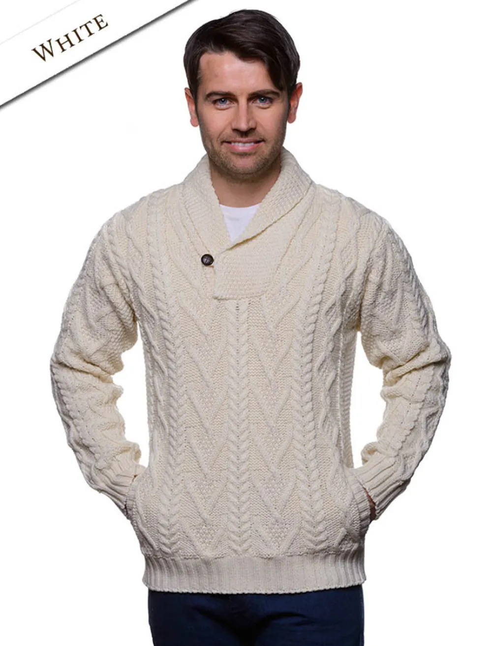 Glenaran Sweaters^Shawl Collar Sweater - One Button Fisherman Sweater