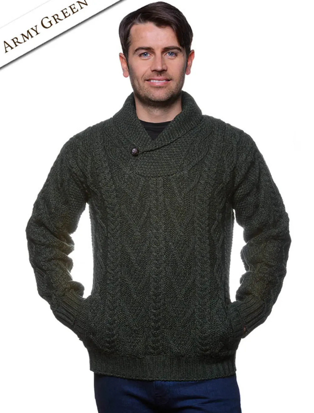 Glenaran Sweaters^Shawl Collar Sweater - One Button Fisherman Sweater